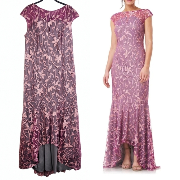 JS Collections Embroidered Mesh Cap Sleeve Evening Wedding Formal Gown Mauve 14